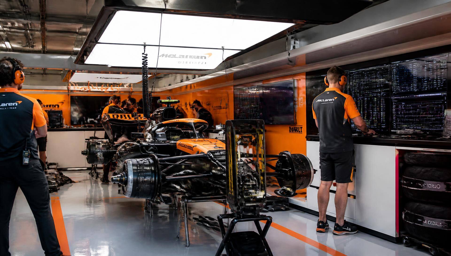 Monteurs in de garage tijdens de voorbereiding van de raceauto