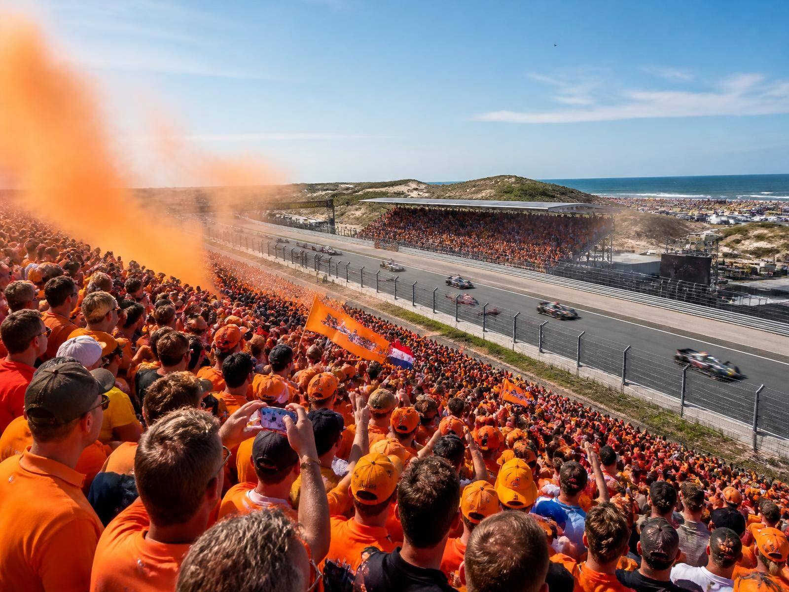 Oranje publiek met rookfakkels langs de start finish rechte van Circuit Zandvoort tijdens de race