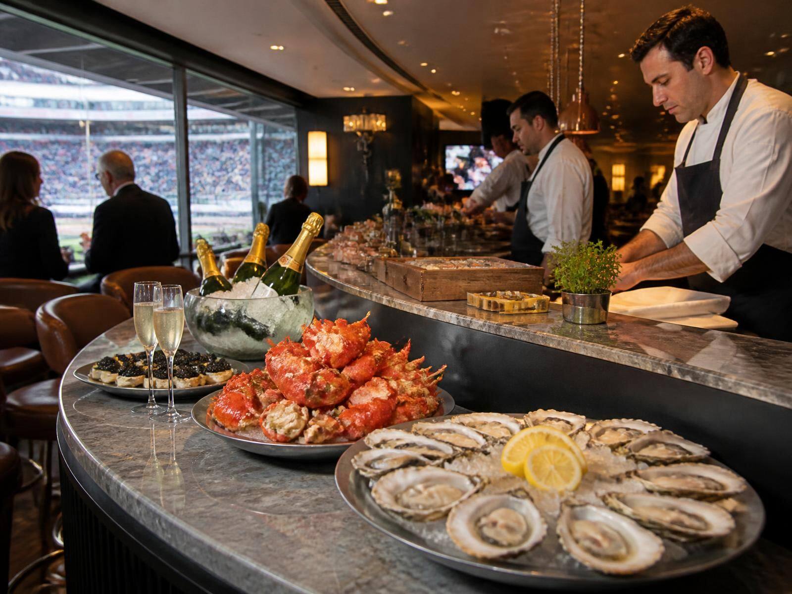 Gastronomie in de Paddock Club met kreeft, oesters, caviar en champagne
