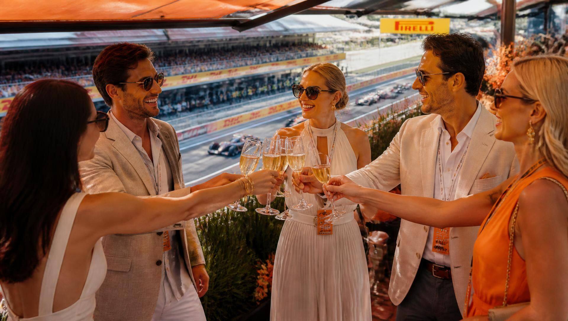 Gasten met champagne op het hospitalityterras